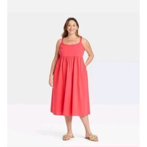 #106 ​MSRP $32 NWT Ava & Viv Coral Red Midi Empire Waist Dress ♡ SIZE 3X ♡